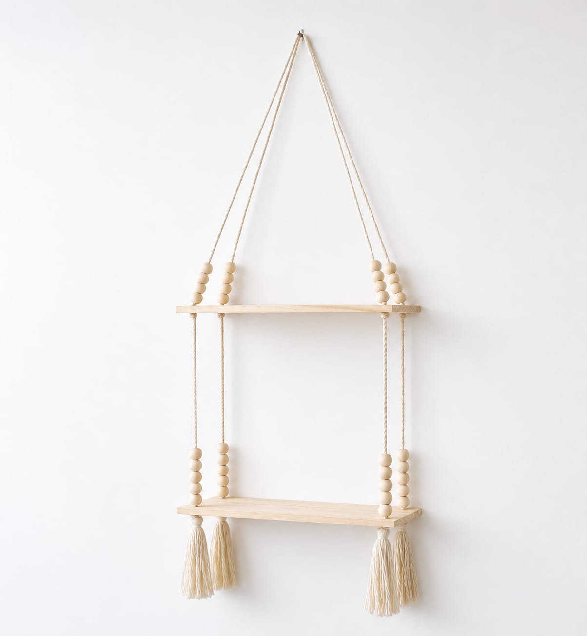 Boho Double-Tier Hanging Shelf With Wooden Beads & Tassels